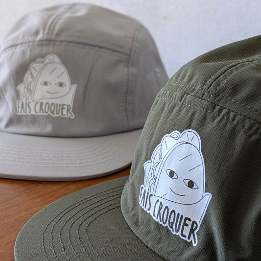 Casquettes streetwear Fais Croquer en beige et vert olive avec logo mascotte food rétro floqué à l’avant